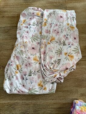 Caden Lane Floral Fitted Sheet - Pink, Yellow, Green on Cream